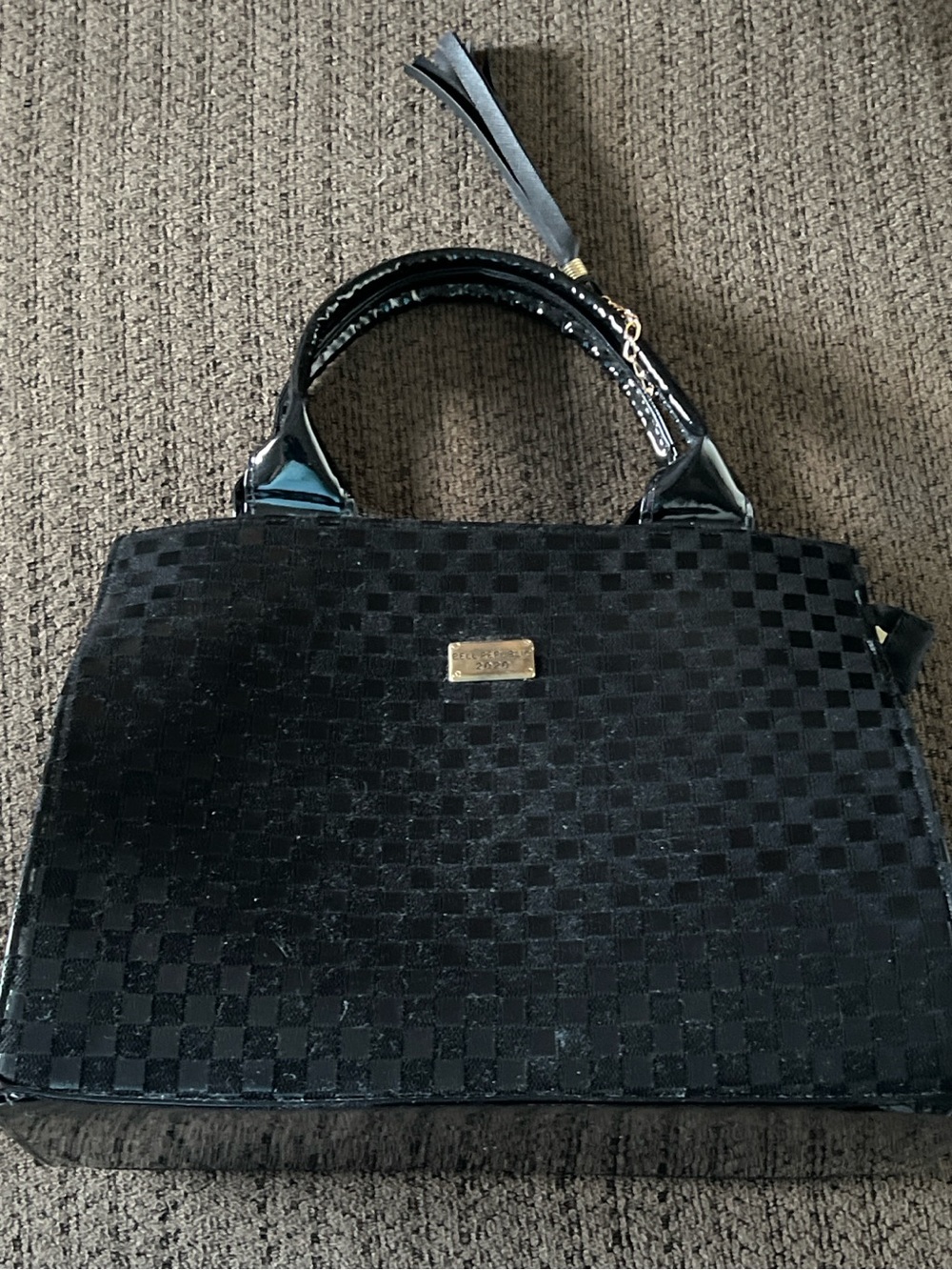Bell Republic 2020 Black Checkerboard Patent Faux Leather Satchel Handbag - Picture 5 of 13
